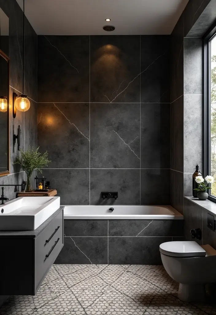 29 Black Farmhouse Bathroom Ideas That Blend Rustic and Modern - 17. Black Tile Designs