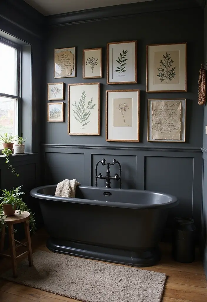 29 Black Farmhouse Bathroom Ideas That Blend Rustic and Modern - 19. Creative Wall Art