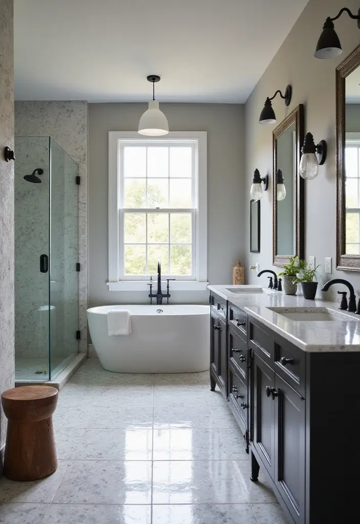 29 Black Farmhouse Bathroom Ideas That Blend Rustic and Modern - 22. Open Concept Layout