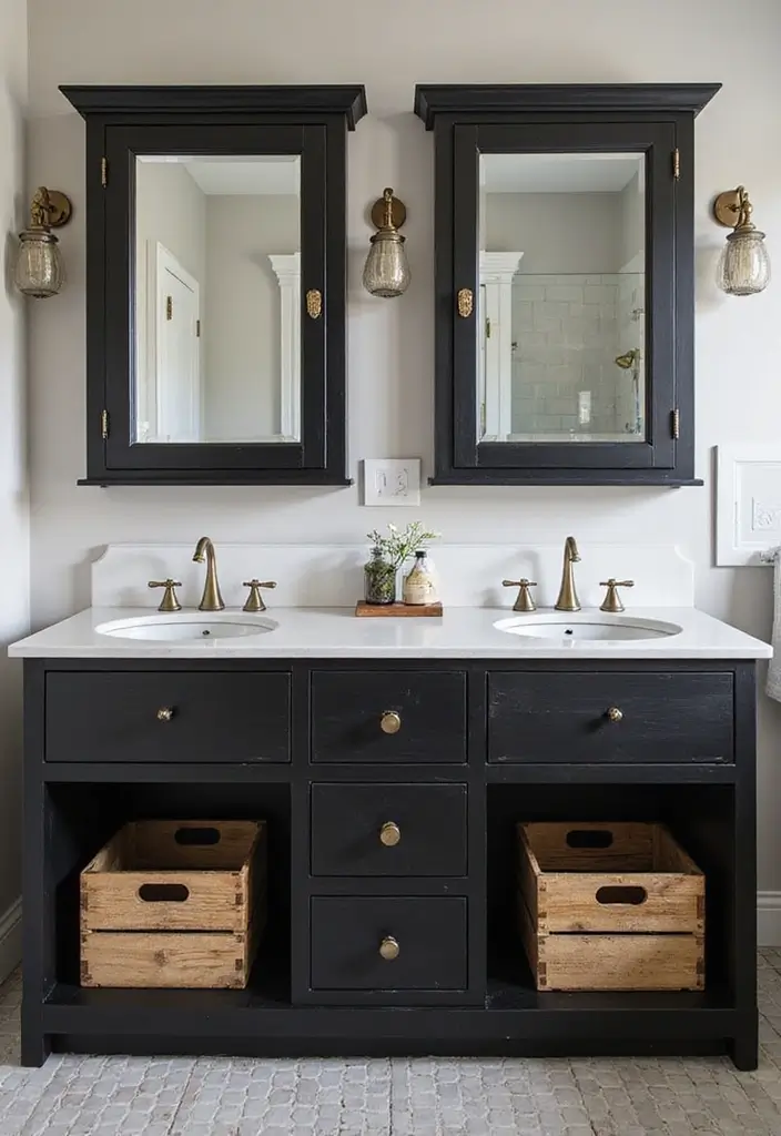 29 Black Farmhouse Bathroom Ideas That Blend Rustic and Modern - 24. Smart Storage Solutions