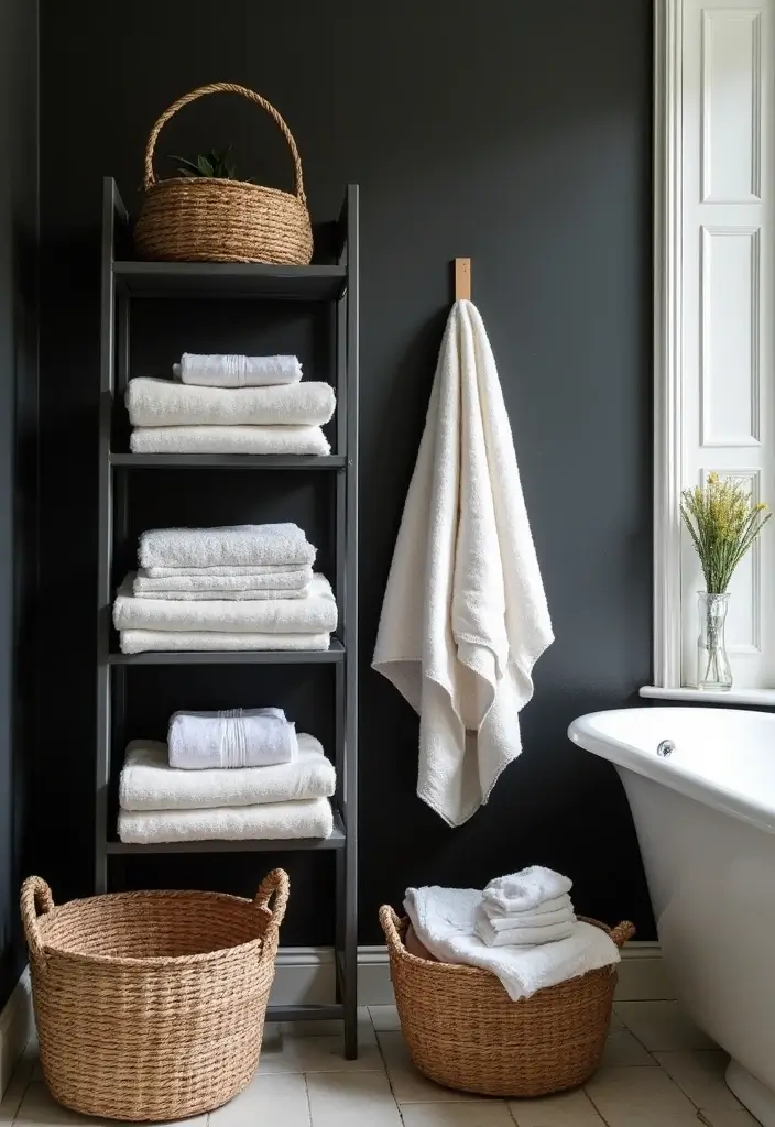 29 Black Farmhouse Bathroom Ideas That Blend Rustic and Modern - 29. Fresh Linens