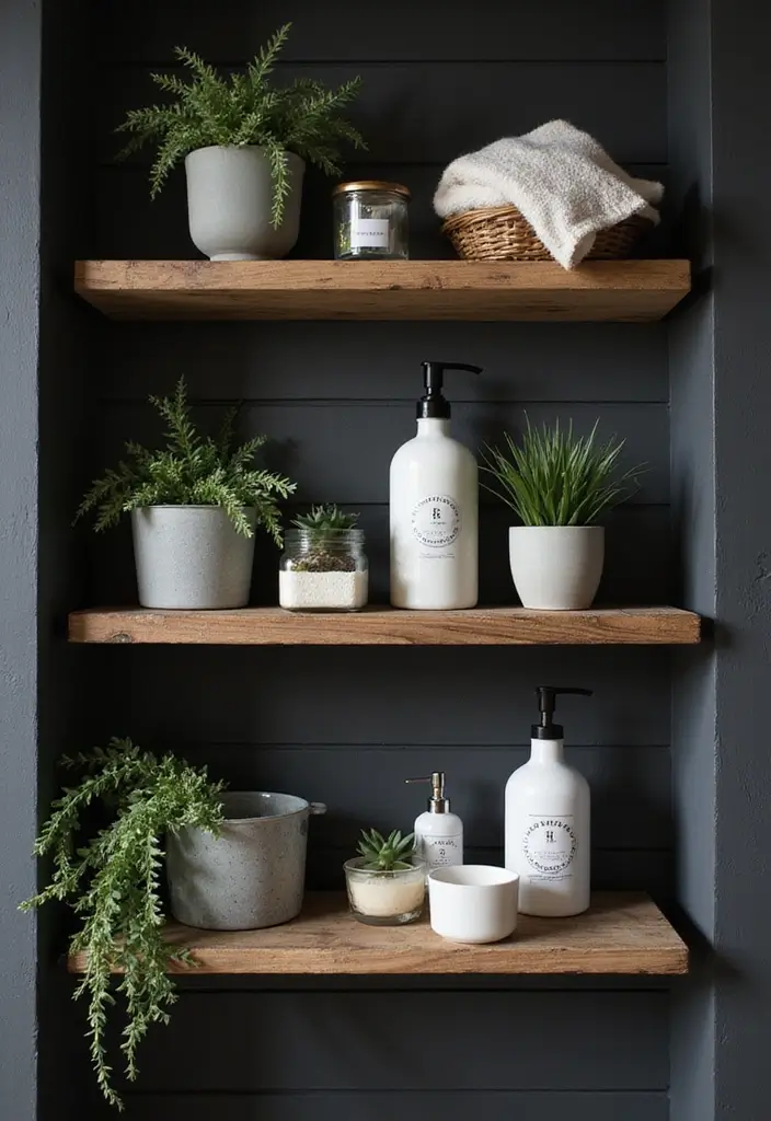 29 Black Farmhouse Bathroom Ideas That Blend Rustic and Modern - 4. Open Shelving