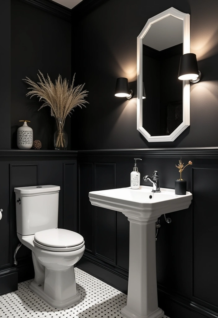 29 Black Farmhouse Bathroom Ideas That Blend Rustic and Modern - 9. Black and White Contrast