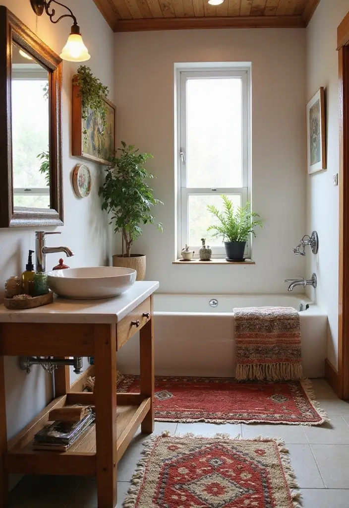 29 Boho Small Bathroom Ideas That Feel Effortlessly Cool - 12. Layered Rugs