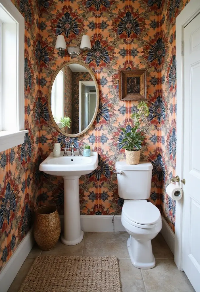 29 Boho Small Bathroom Ideas That Feel Effortlessly Cool - 15. Bold Wallpaper