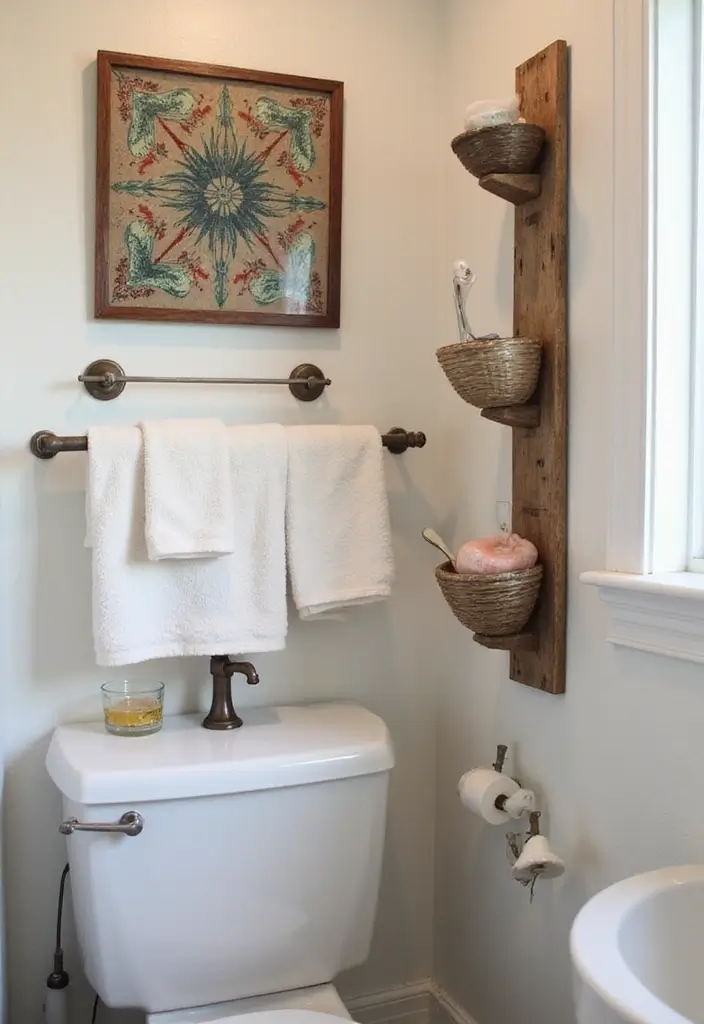 29 Boho Small Bathroom Ideas That Feel Effortlessly Cool - 17. Functional Art
