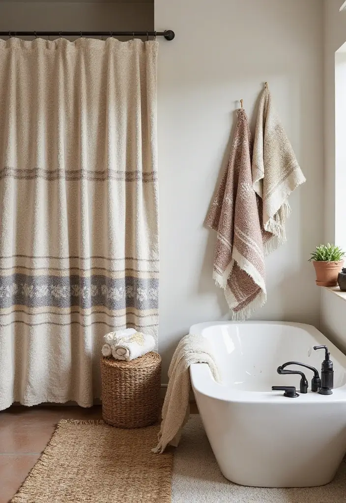 29 Boho Small Bathroom Ideas That Feel Effortlessly Cool - 18. Handwoven Textiles