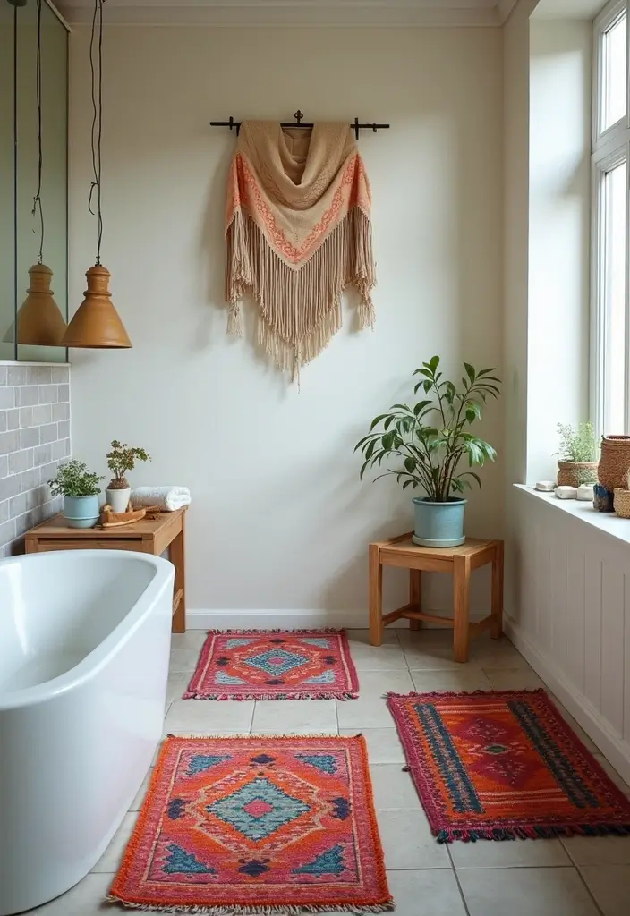 29 Boho Small Bathroom Ideas That Feel Effortlessly Cool - 19. Stylish Bath Mats