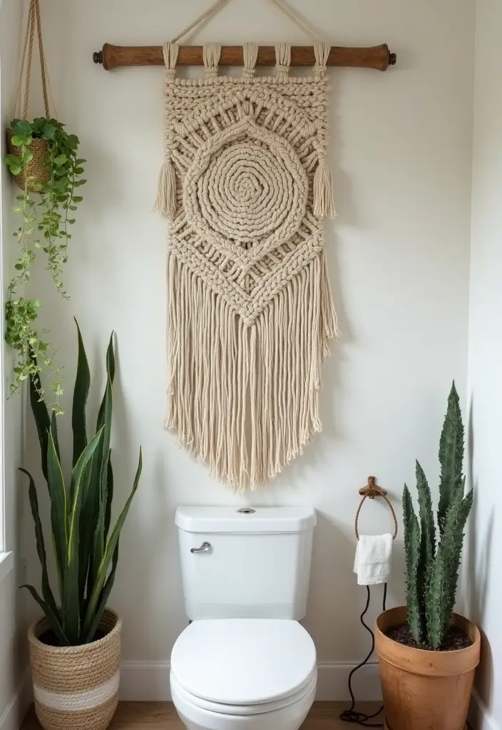 29 Boho Small Bathroom Ideas That Feel Effortlessly Cool - 2. Macramé Wall Hangings