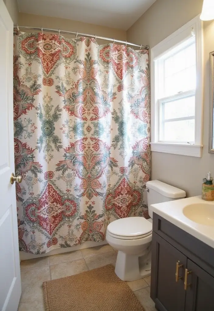 29 Boho Small Bathroom Ideas That Feel Effortlessly Cool - 22. Decorative Shower Curtains