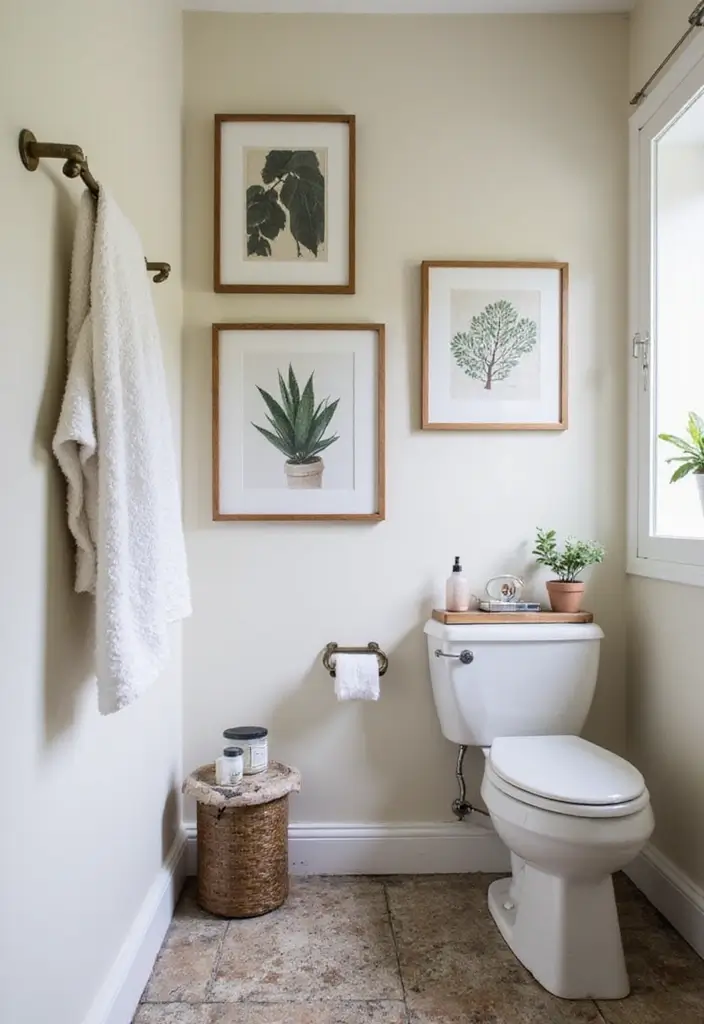 29 Boho Small Bathroom Ideas That Feel Effortlessly Cool - 27. Artistic Wall Art