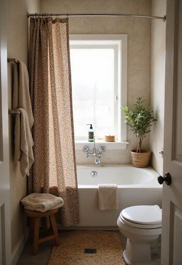 29 Boho Small Bathroom Ideas That Feel Effortlessly Cool - 5. Textured Fabrics