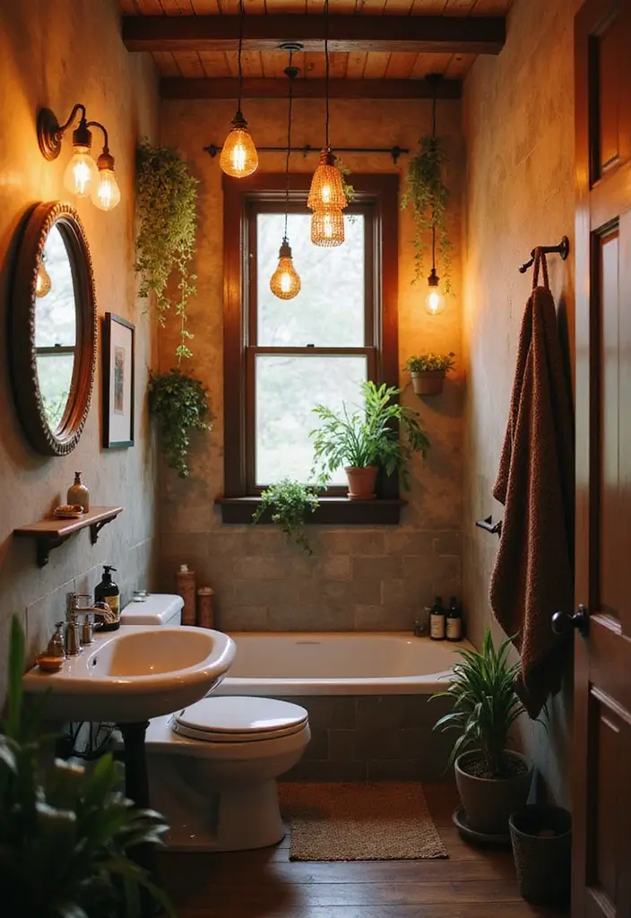 29 Boho Small Bathroom Ideas That Feel Effortlessly Cool - 8. Unique Lighting Options