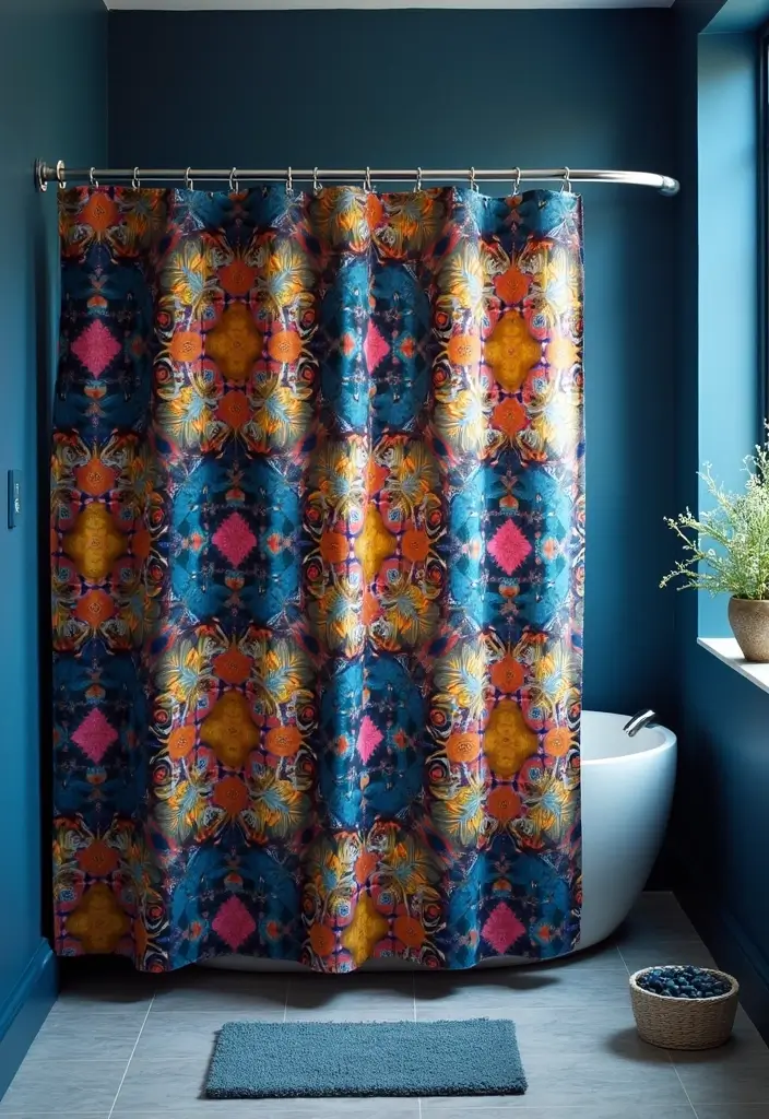 29 Dark Blue Bathroom Ideas That Add Drama - 10. Bold Shower Curtains
