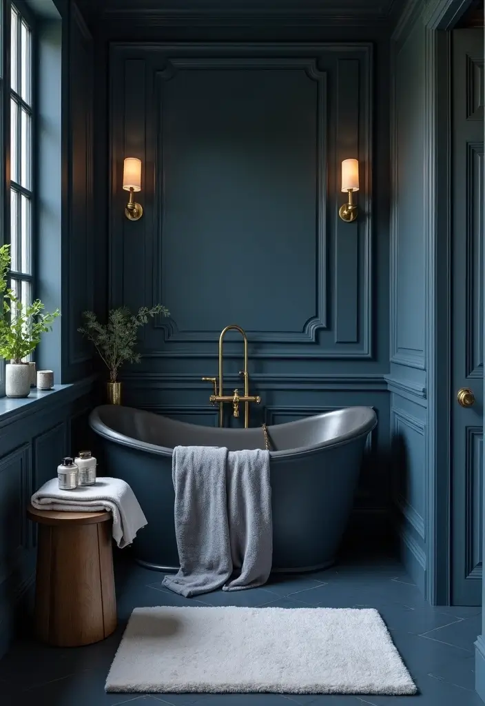 29 Dark Blue Bathroom Ideas That Add Drama - 12. Luxurious Bath Accessories