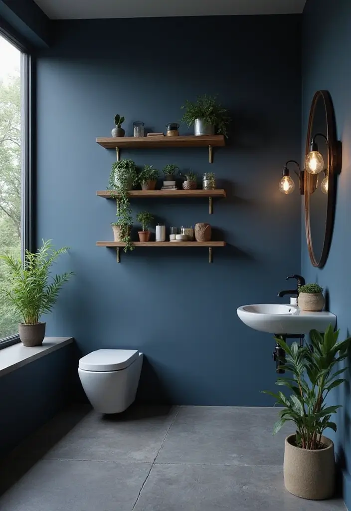 29 Dark Blue Bathroom Ideas That Add Drama - 14. Floating Shelves