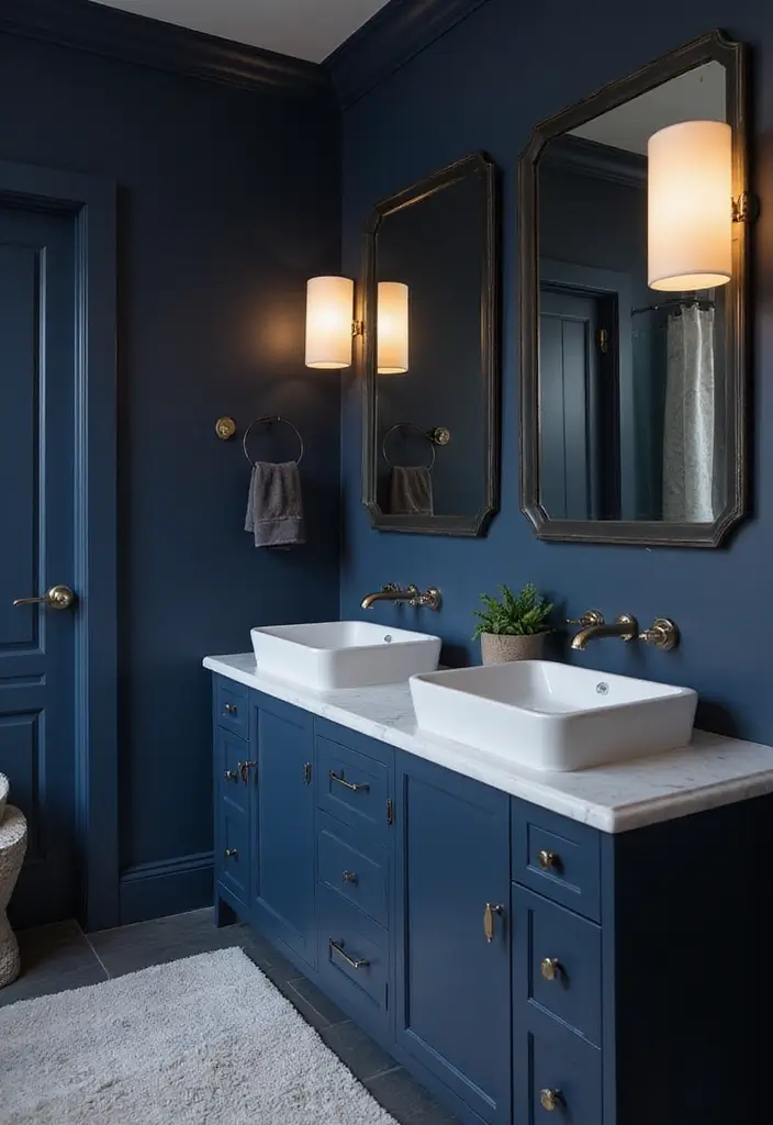 29 Dark Blue Bathroom Ideas That Add Drama - 16. Dual Vanities