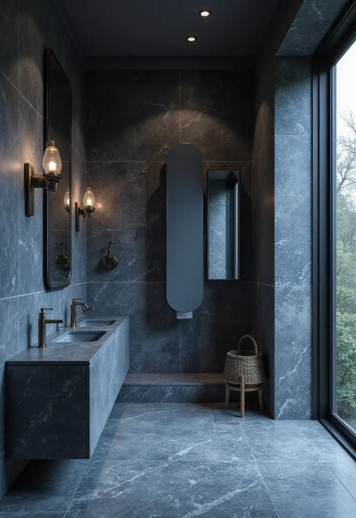 29 Dark Blue Bathroom Ideas That Add Drama - 17. Natural Stone Accents