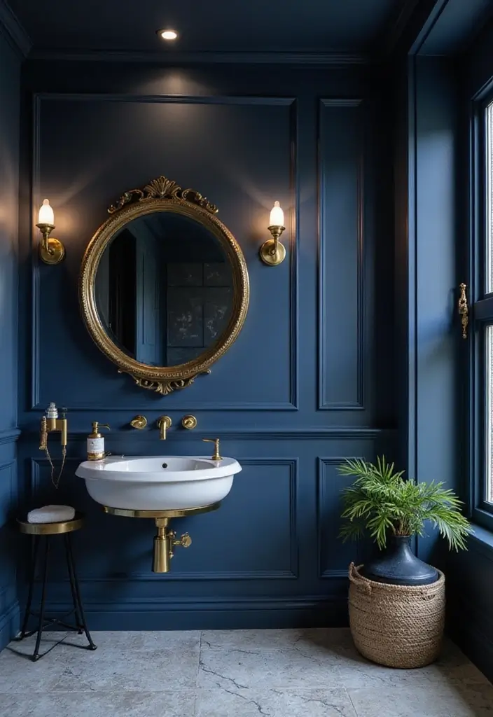 29 Dark Blue Bathroom Ideas That Add Drama - 18. Dark Blue with Gold Accents