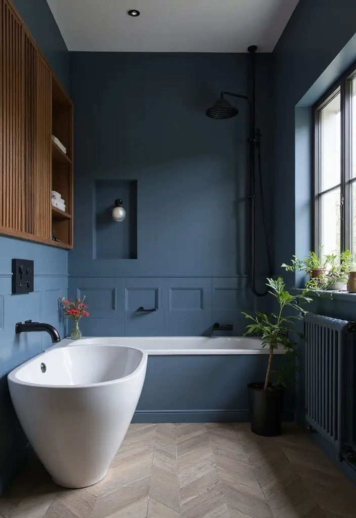 29 Dark Blue Bathroom Ideas That Add Drama - 19. Scandinavian Inspiration