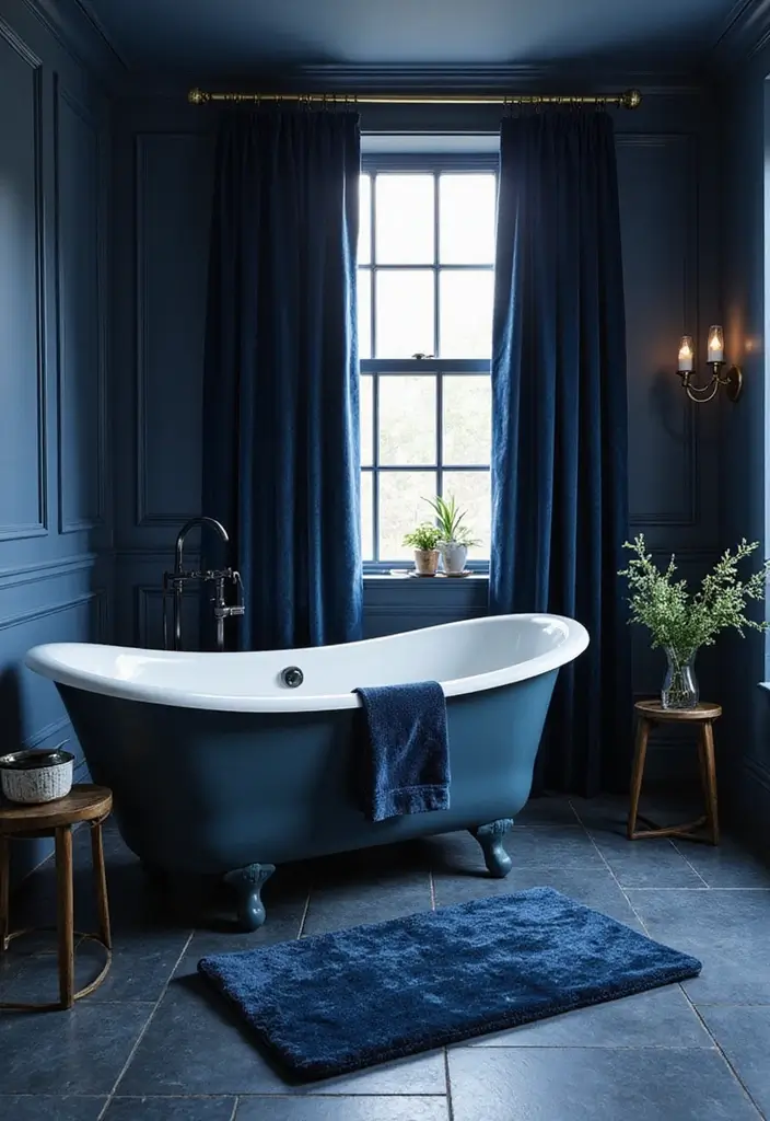 29 Dark Blue Bathroom Ideas That Add Drama - 2. Luxurious Velvet Accents