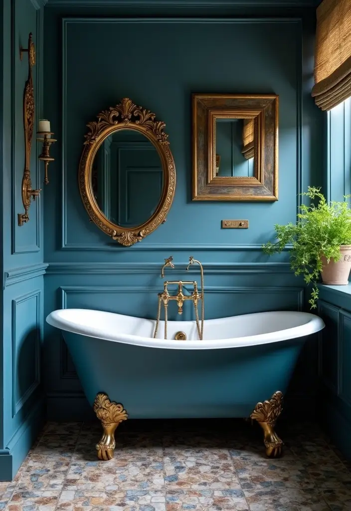 29 Dark Blue Bathroom Ideas That Add Drama - 20. Vintage Charm