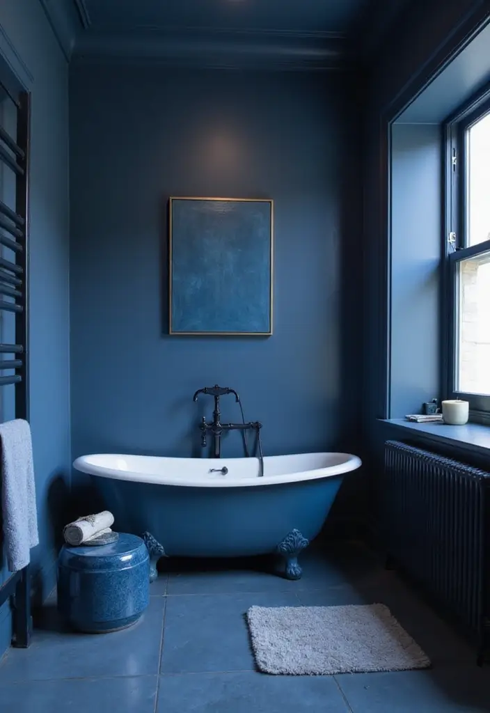 29 Dark Blue Bathroom Ideas That Add Drama - 22. Monochromatic Accessories