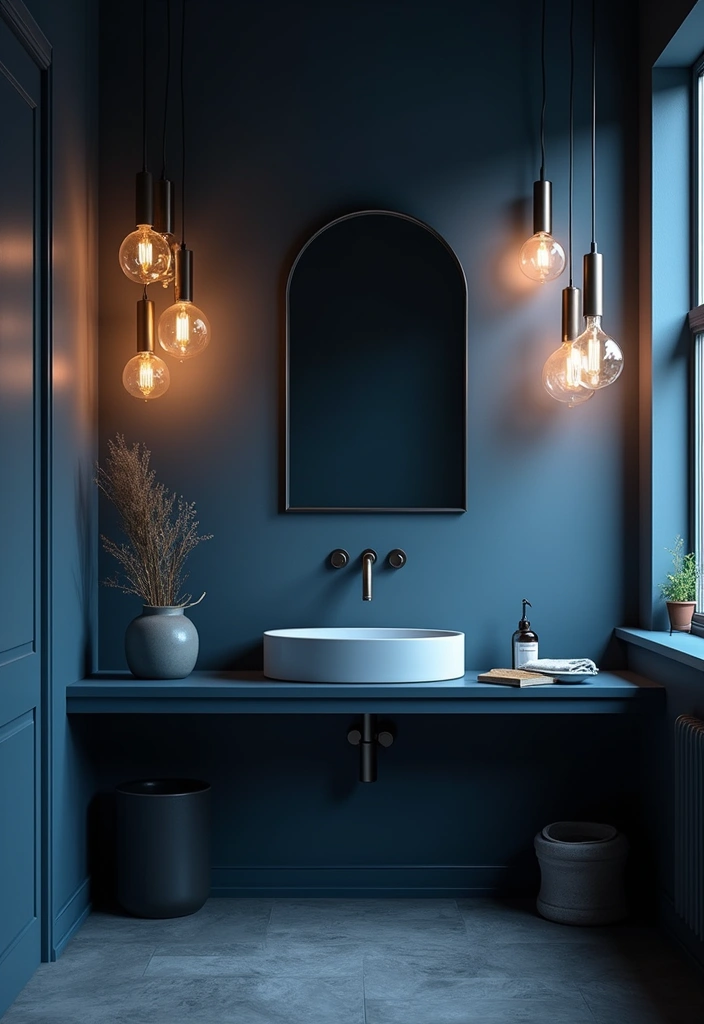 29 Dark Blue Bathroom Ideas That Add Drama - 24. Artistic Light Fixtures