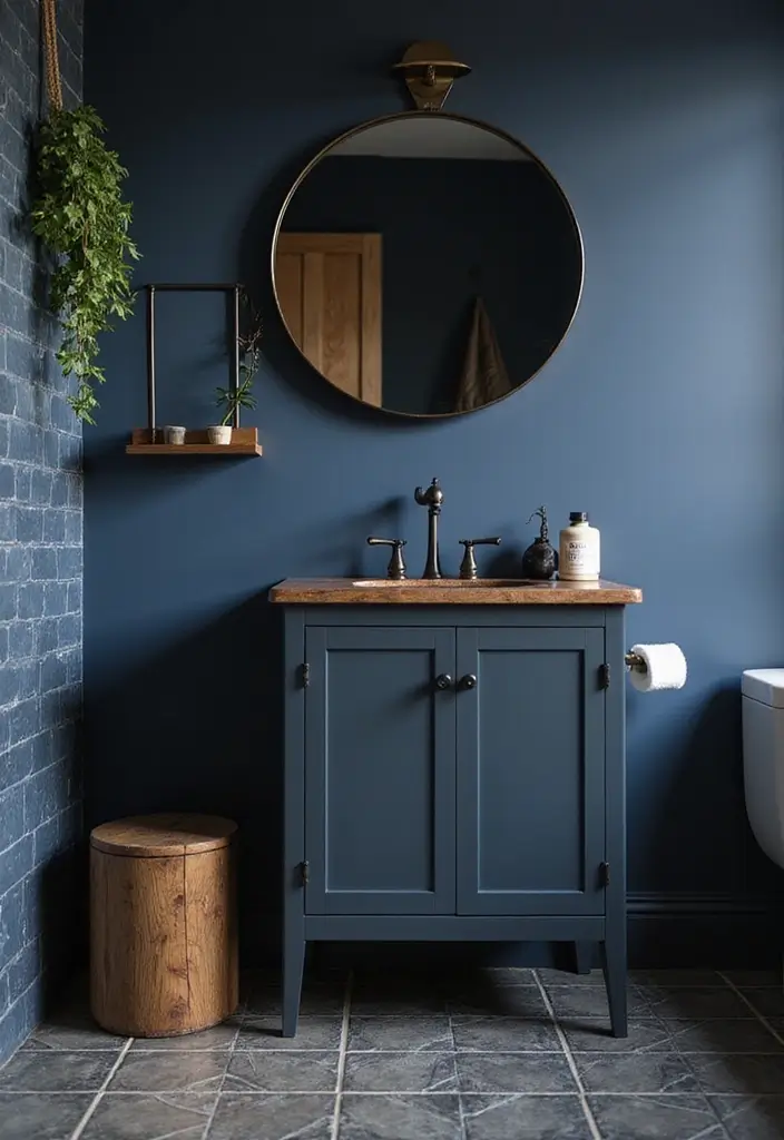 29 Dark Blue Bathroom Ideas That Add Drama - 26. Mixing Materials