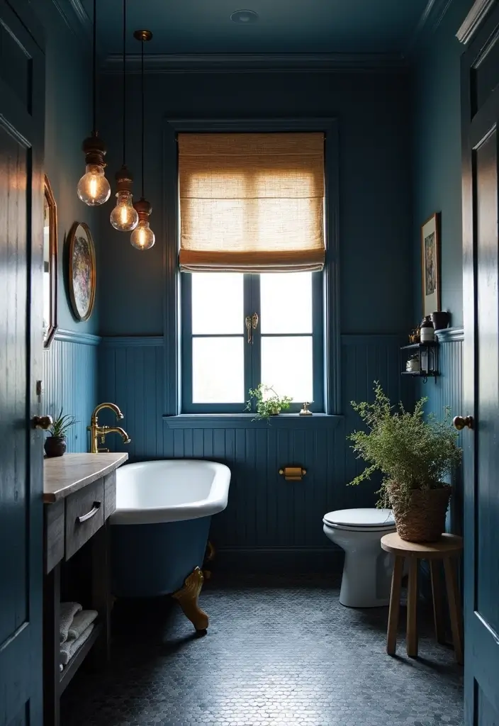 29 Dark Blue Bathroom Ideas That Add Drama - 28. Seasonal Decor Updates