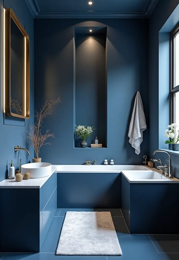 29 Dark Blue Bathroom Ideas That Add Drama - 3. Dark Blue with White Contrast