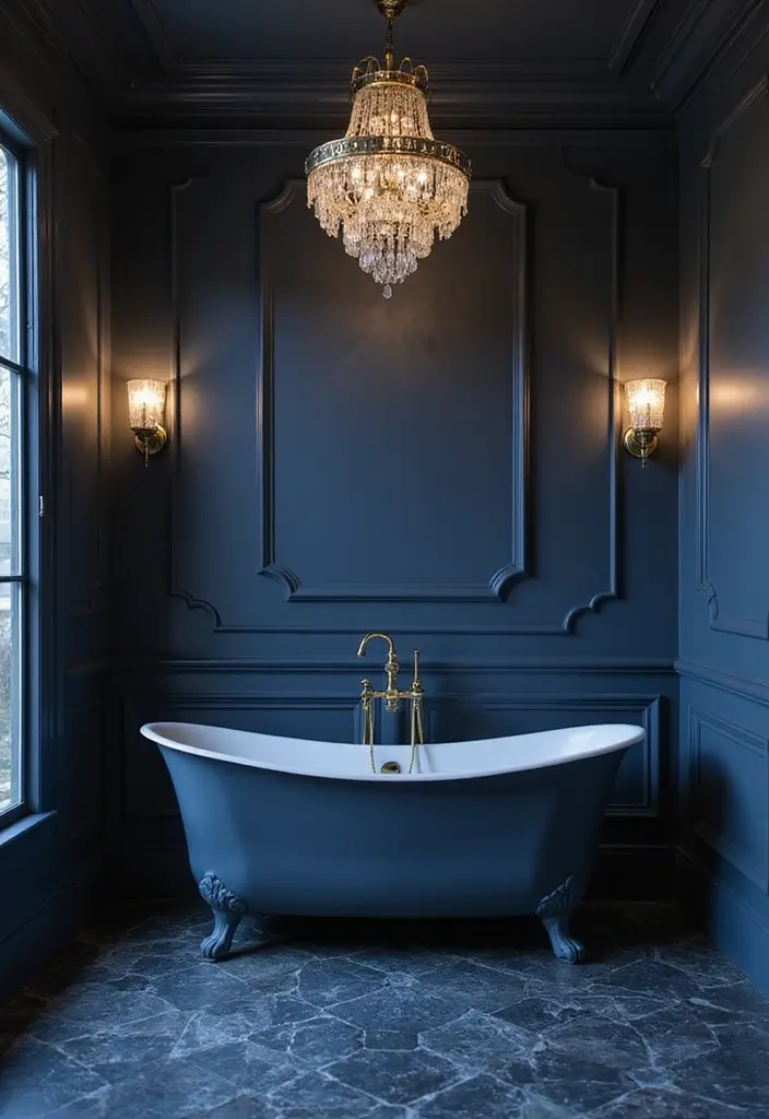 29 Dark Blue Bathroom Ideas That Add Drama - 7. Elegant Lighting Fixtures