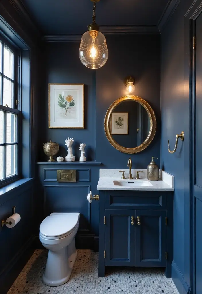 29 Dark Blue Bathroom Ideas That Add Drama - 8. Artistic Elements