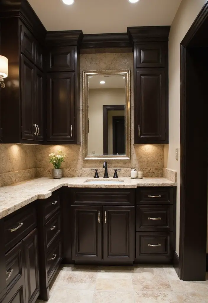 29 Dark Vanity Bathroom Ideas That Feel Modern - 10. Dark Cabinetry with Natural Stone