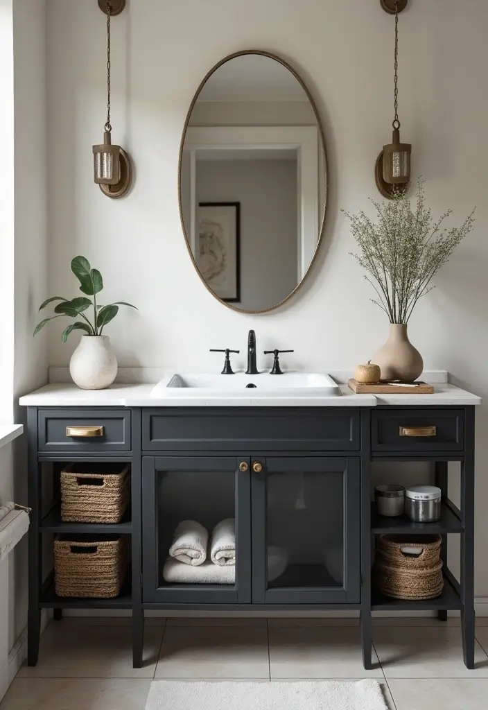29 Dark Vanity Bathroom Ideas That Feel Modern - 11. Open Shelving with Dark Vanities