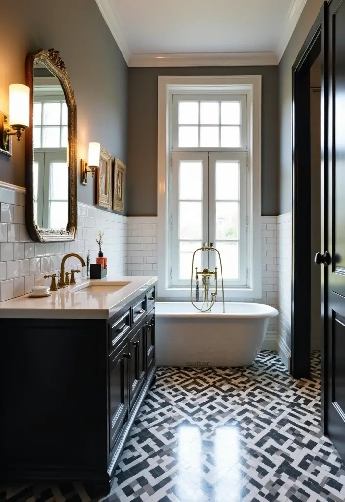 29 Dark Vanity Bathroom Ideas That Feel Modern - 13. Glamorous Black and White Contrast