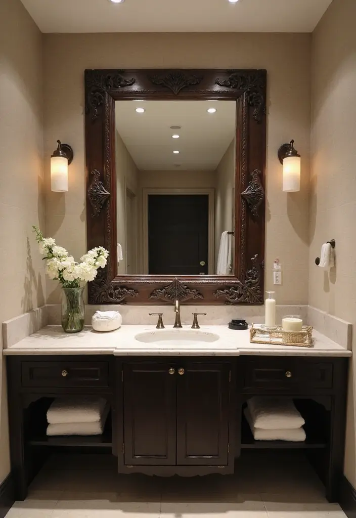 29 Dark Vanity Bathroom Ideas That Feel Modern - 16. Oversized Mirrors to Reflect Style