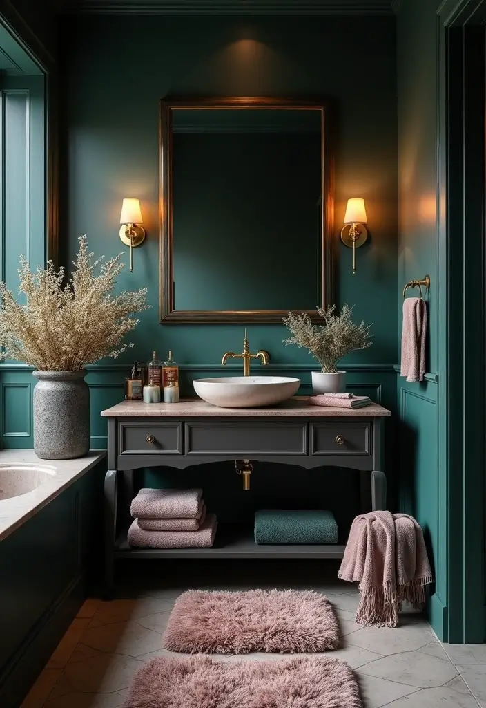 29 Dark Vanity Bathroom Ideas That Feel Modern - 18. Luxurious Textured Fabrics