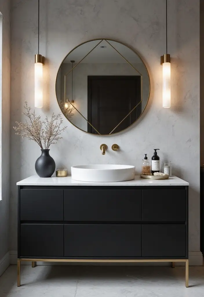 29 Dark Vanity Bathroom Ideas That Feel Modern - 2. Black Matte Vanity with Gold Accents