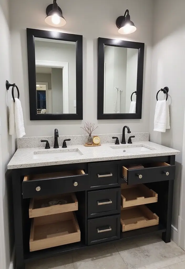 29 Dark Vanity Bathroom Ideas That Feel Modern - 22. Smart Storage Solutions
