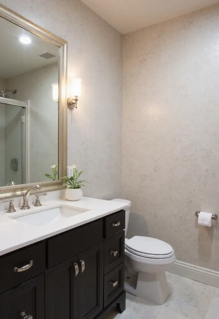 29 Dark Vanity Bathroom Ideas That Feel Modern - 23. Elegant Wall Treatments