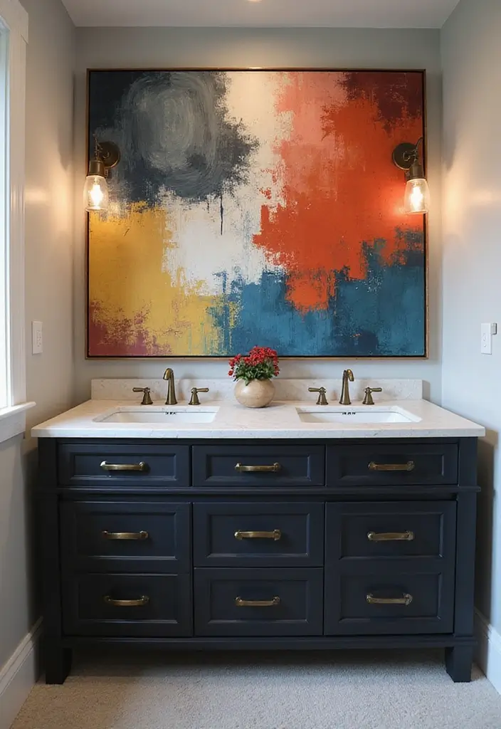 29 Dark Vanity Bathroom Ideas That Feel Modern - 24. Statement Art Pieces