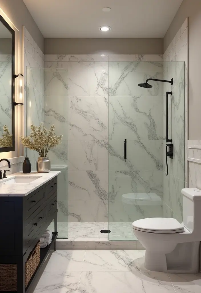 29 Dark Vanity Bathroom Ideas That Feel Modern - 26. Stylish Shower Features