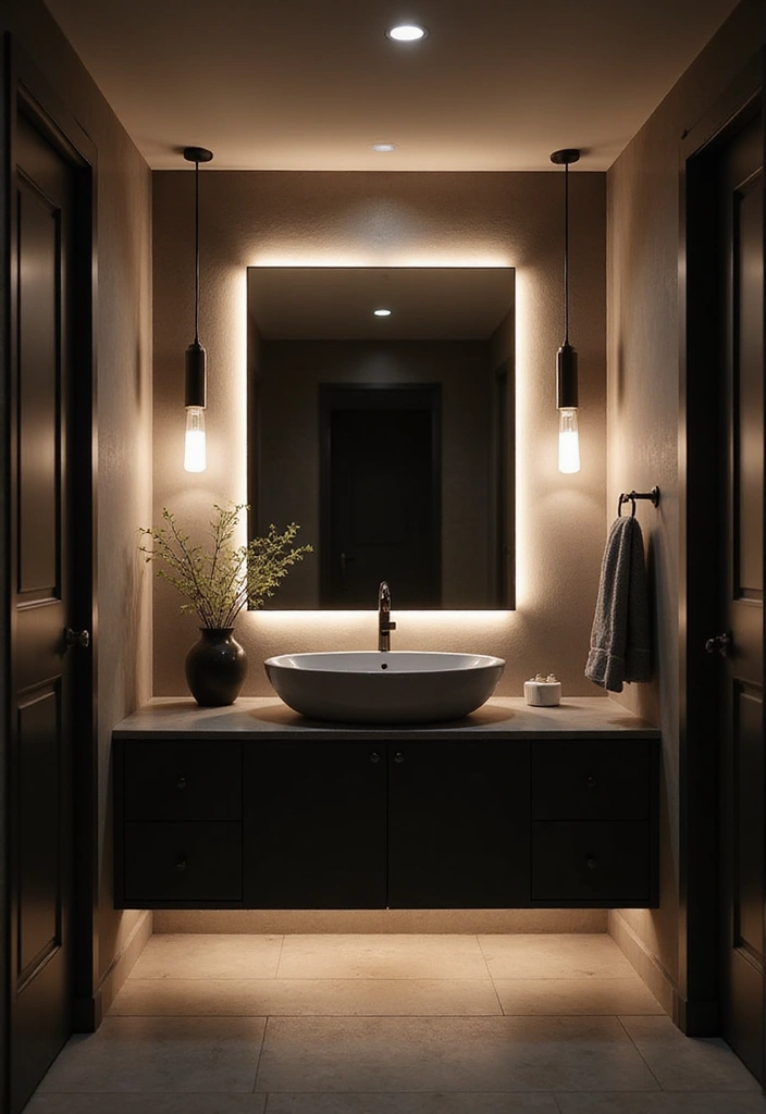 29 Dark Vanity Bathroom Ideas That Feel Modern - 27. Creative Accent Lighting