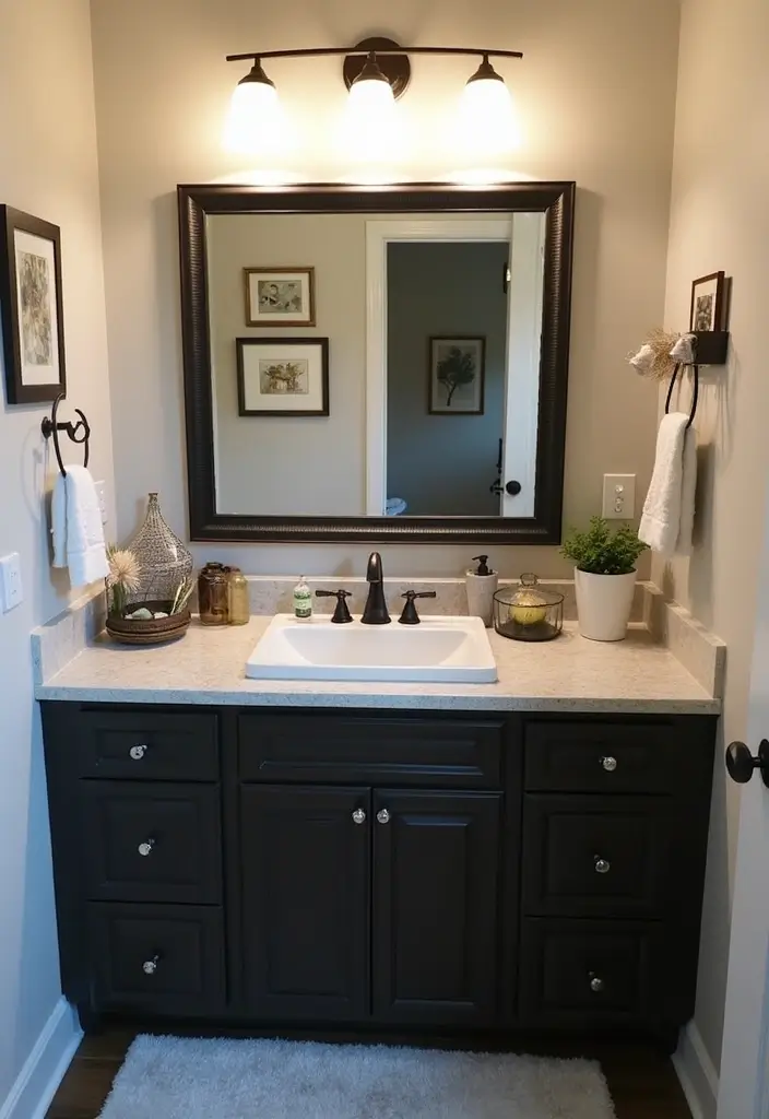 29 Dark Vanity Bathroom Ideas That Feel Modern - 28. Personalized Décor Touches