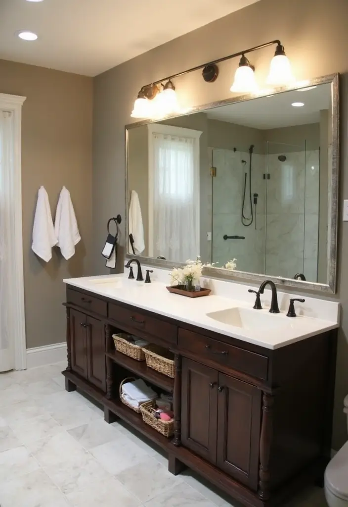 29 Dark Vanity Bathroom Ideas That Feel Modern - 4. Dual Vanity for Spacious Feel