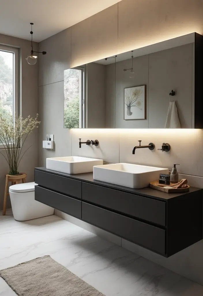 29 Dark Vanity Bathroom Ideas That Feel Modern - 6. Floating Dark Vanities