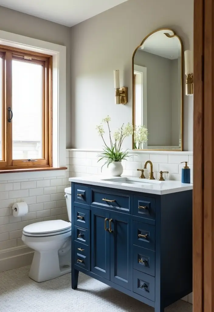 29 Dark Vanity Bathroom Ideas That Feel Modern - 8. Bold Dark Blue Vanity