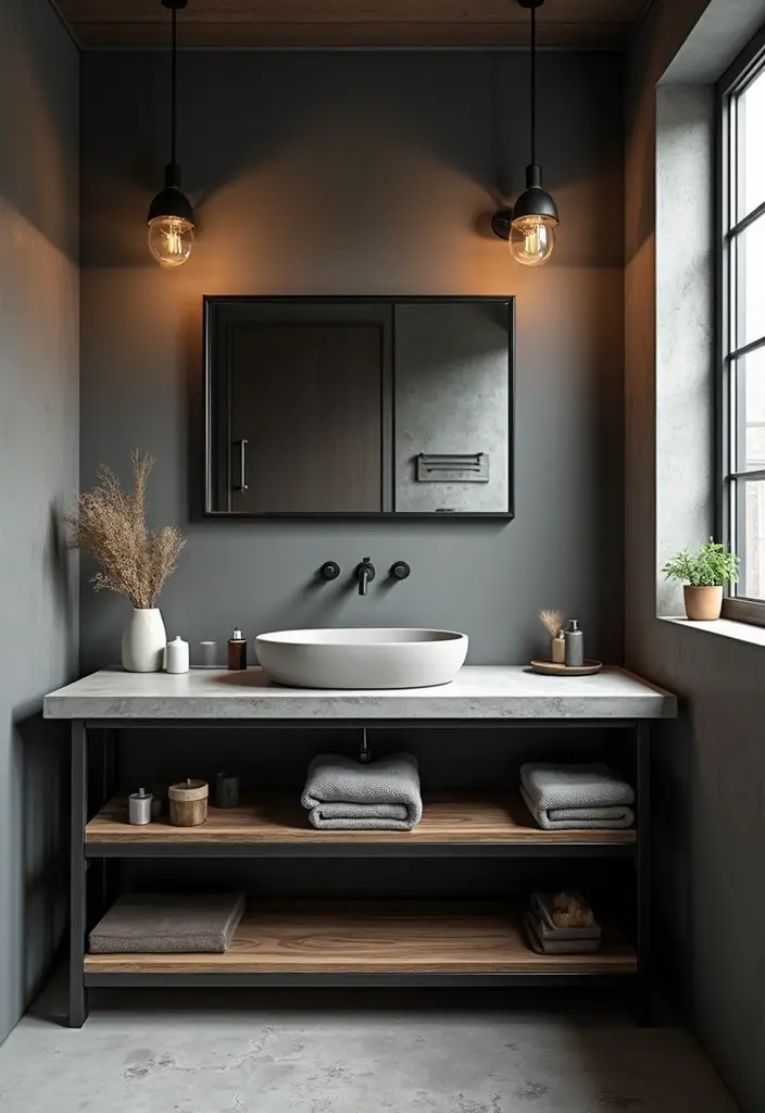 29 Dark Vanity Bathroom Ideas That Feel Modern - 9. Industrial Style Dark Vanity