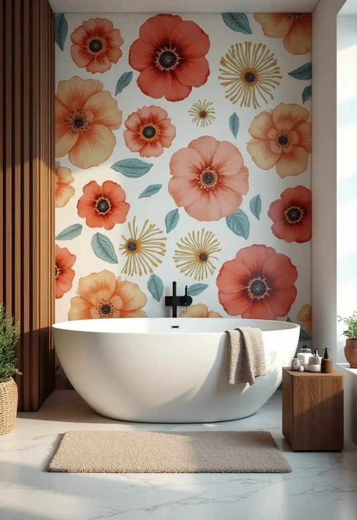 29 Floral Bathroom Ideas That Bring Nature Indoors - 1. Bold Floral Wallpaper